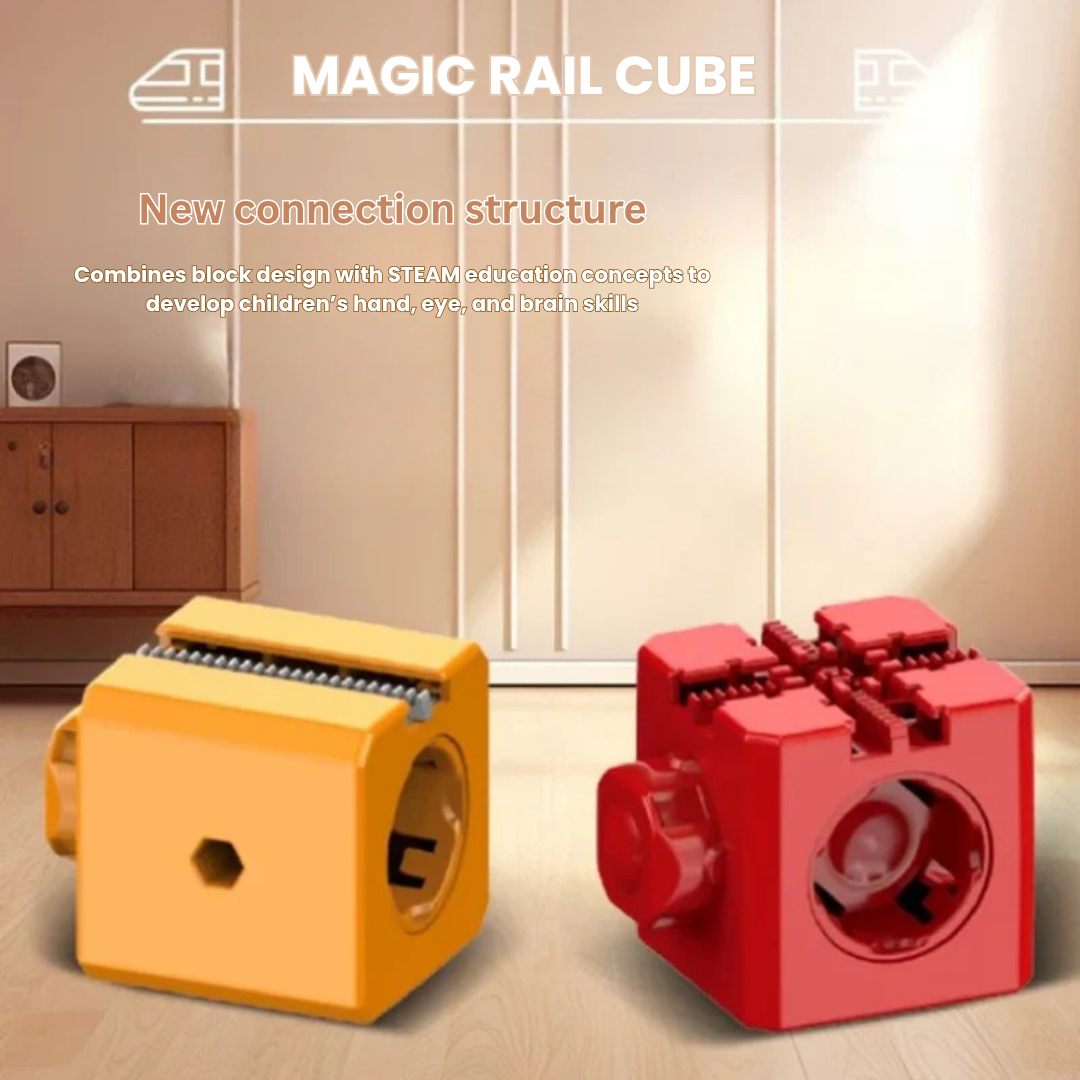 Close-up of a magnetic train set piece, cube design, durable construction toy