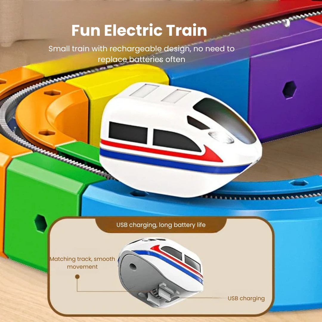 Magnetic train track building set box art, highlighting creative play and STEM