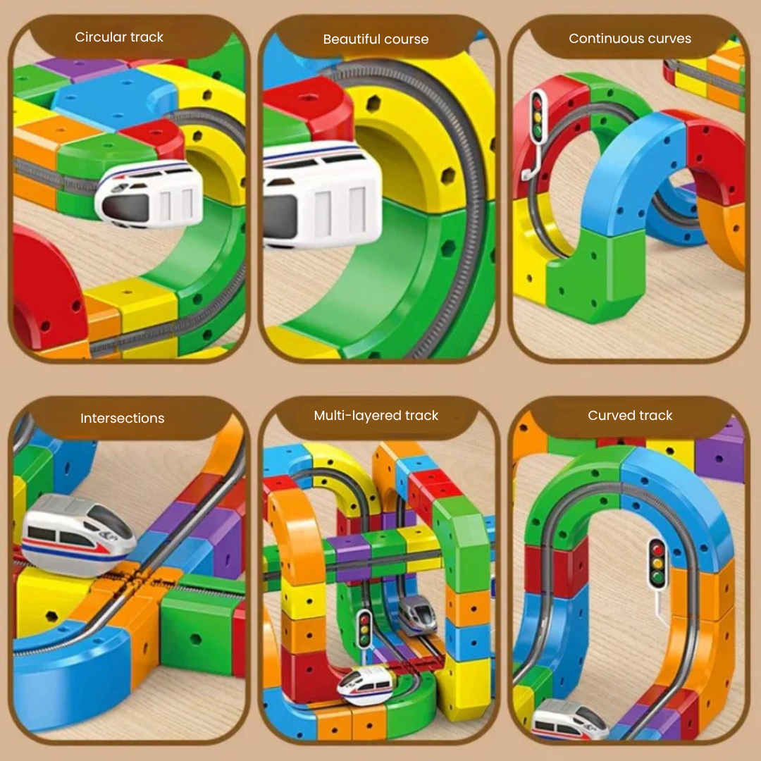 A completed magnetic cube train track layout with a train, engaging kids activity