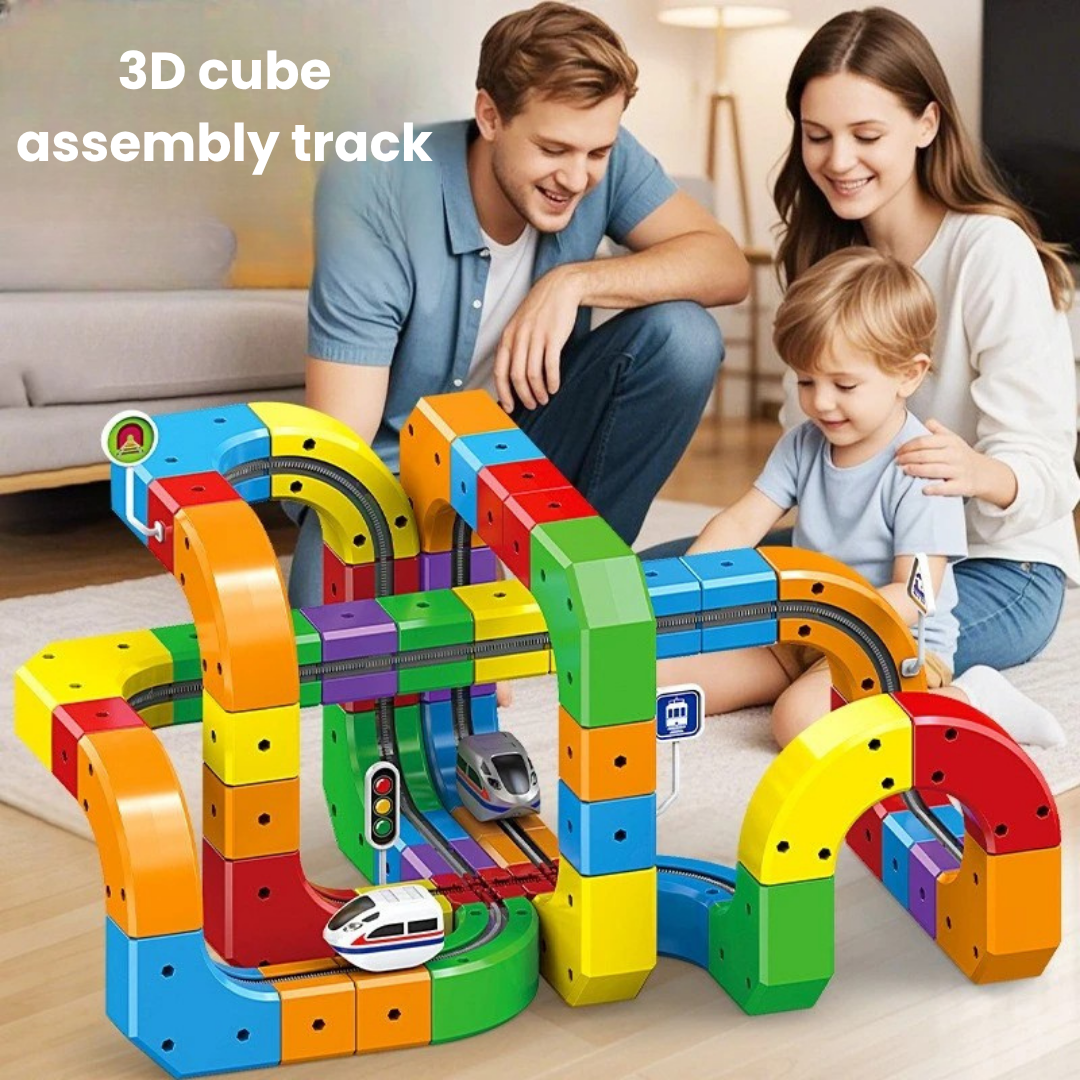 Magnetic construction toy: Different colored blocks forming a complex train route