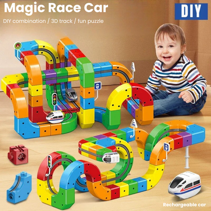 Child’s hands connecting magnetic cube blocks for a train track, educational fun