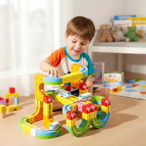 Colorful magnetic blocks forming an intricate train track for kids activity