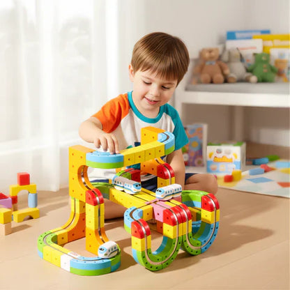 Colorful magnetic blocks forming an intricate train track for kids activity