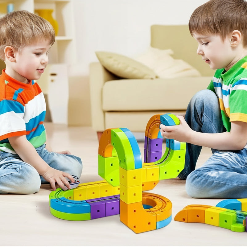 STEM toy: Child building a magnetic train track with cube blocks, educational fun