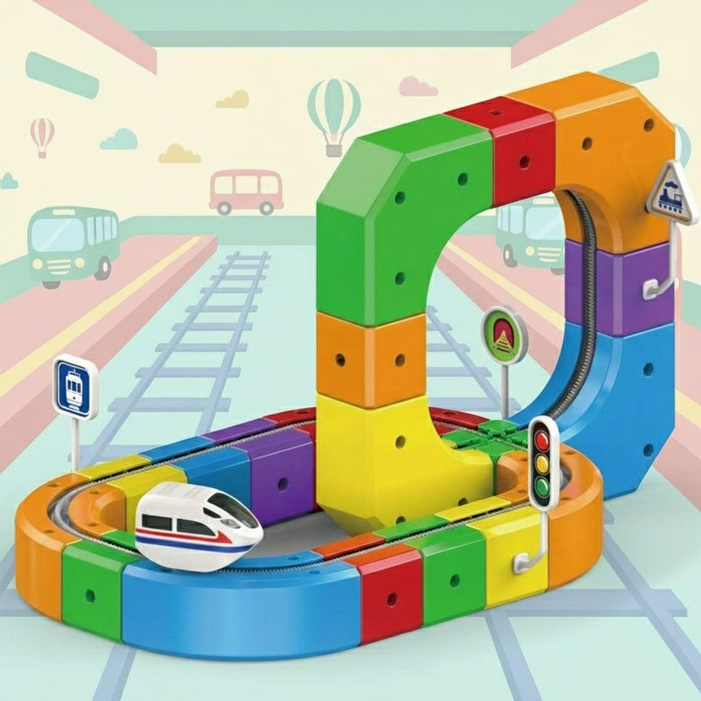 Kids activity: Group of children building with a magnetic cube train set