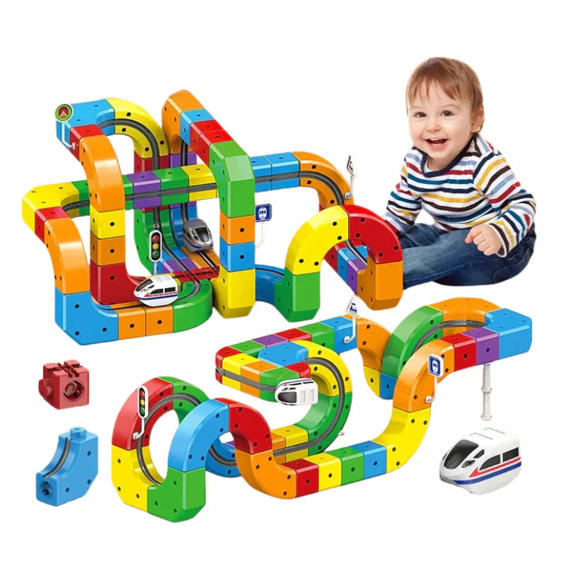Magnetic construction set: Train track featuring bridges and tunnels, creative play