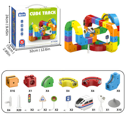 Detailed view of a magnetic train set architecture, building toy for kids