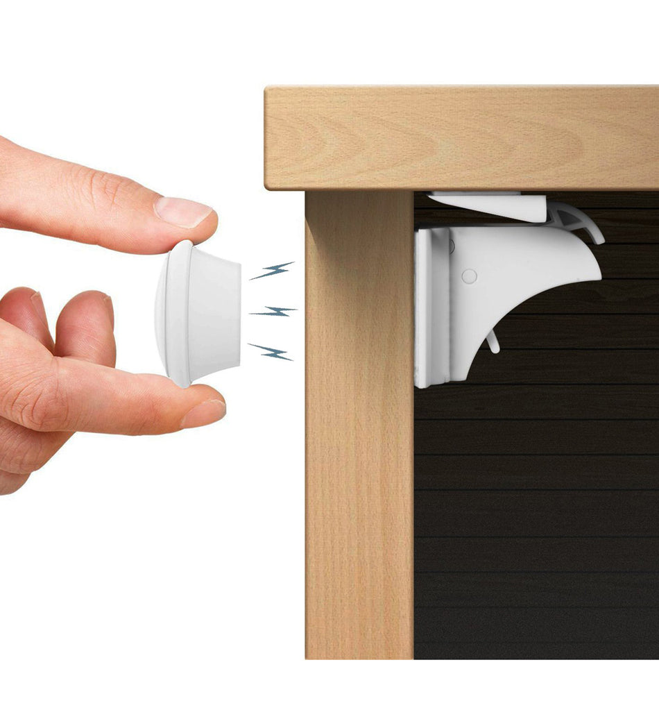 Magnetic invisible cabinet locks child safety kit, 10 locks + 2 keys, no-drill installation for baby proofing.