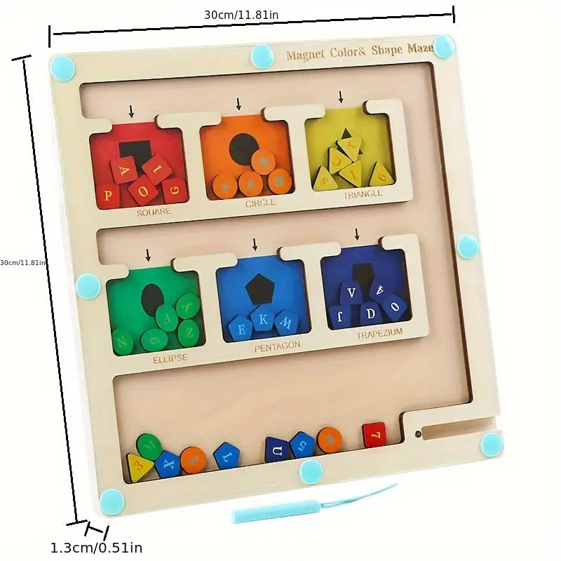 Toddler holding magnetic wand guiding balls through colorful educational maze toy, Montessori learning fun