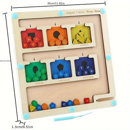 Toddler holding magnetic wand guiding balls through colorful educational maze toy, Montessori learning fun