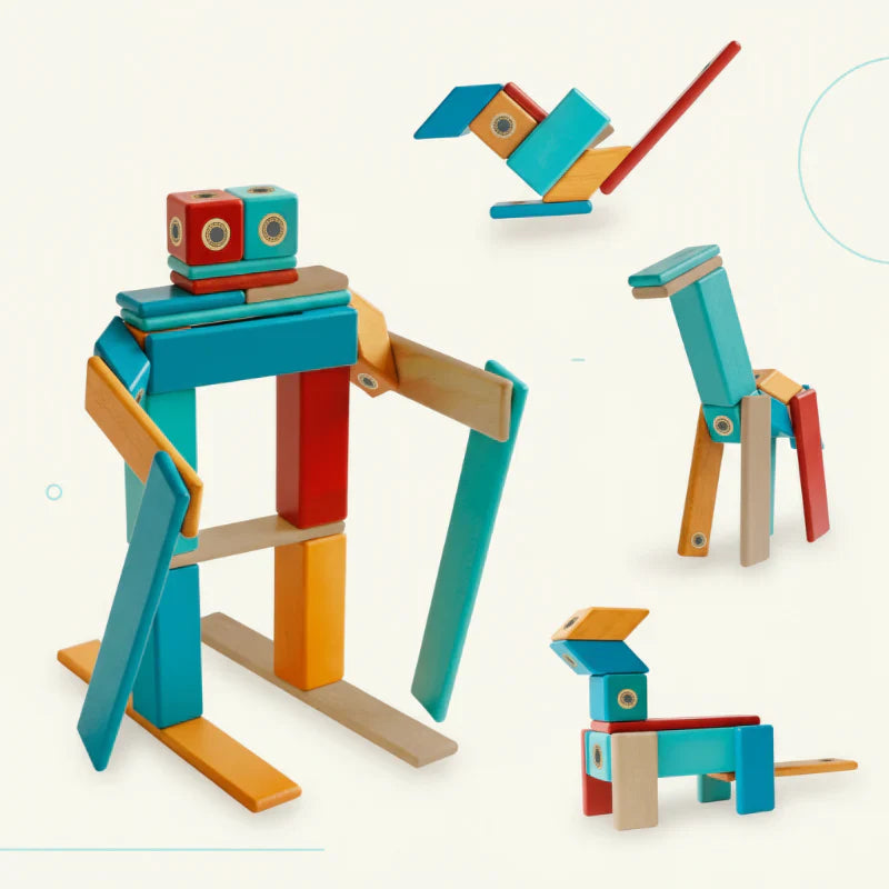 Magnetic wooden building blocks set for creative preschool play and motor skills development.