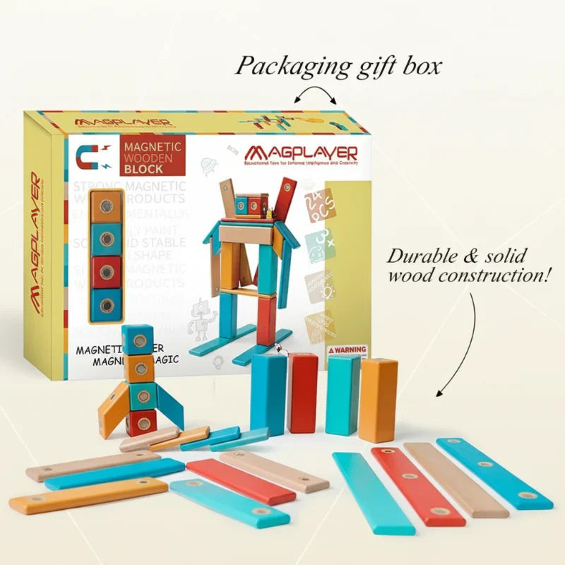 Child's hands building a tall tower with magnetic wooden blocks, enhancing fine motor skills.