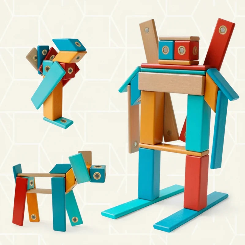 Assortment of magnetic wooden building blocks on a play mat, encouraging imaginative design.