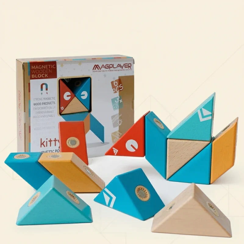 Preschooler intently connecting magnetic wooden blocks, demonstrating focused creative play.