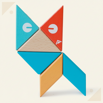 Wooden toy magnetic blocks in primary colors, ideal for developing spatial reasoning skills.