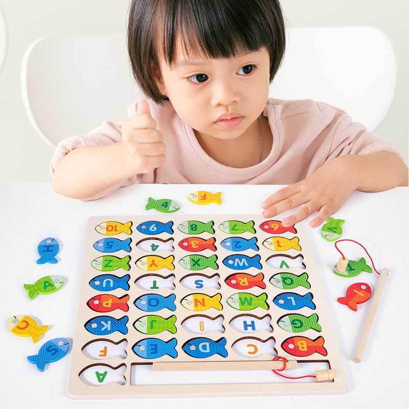 Magnetic wooden fishing game for kids, alphabet & number learning toy for toddlers