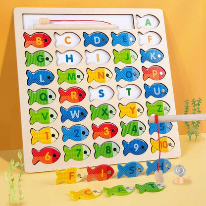 Toddler playing magnetic alphabet and number fishing game, educational wooden toy for preschoolers