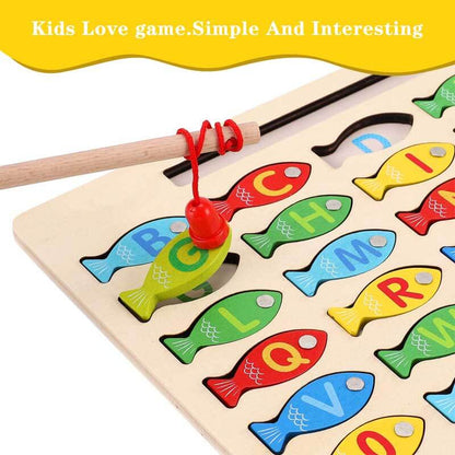 Close-up of magnetic wooden fish with letters and numbers, fine motor skills game for kids
