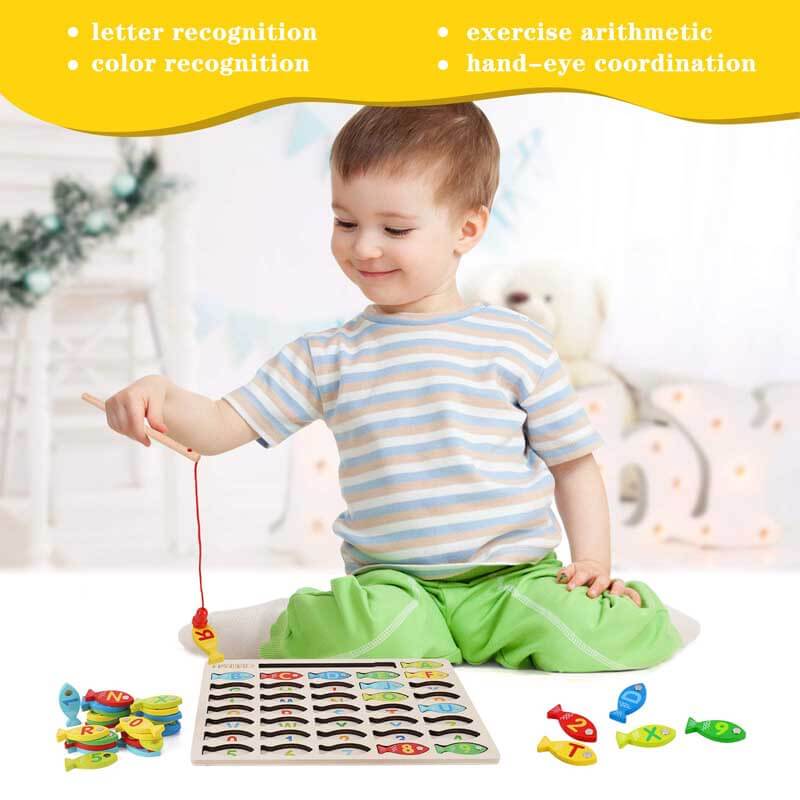 Colorful wooden magnetic fishing game with alphabet puzzle and counting toy elements