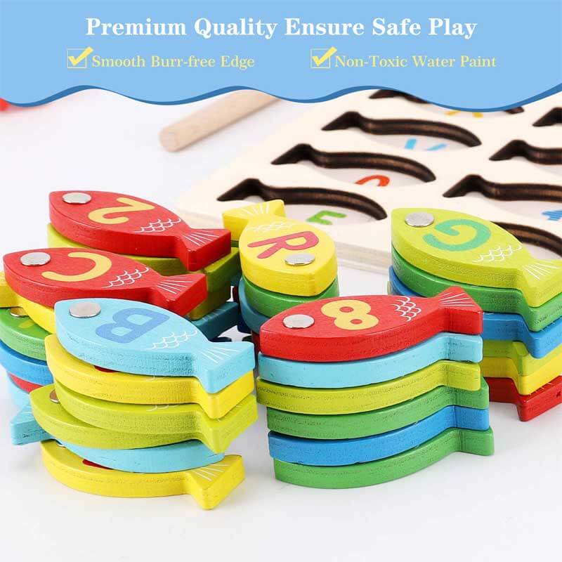 Educational magnetic fishing game set for toddlers, includes wooden alphabet and number pieces