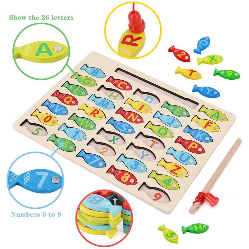 Wooden magnetic alphabet & number fishing game, ideal preschool activity for fine motor skills