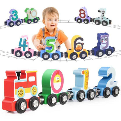 Magnetic wooden train set with colorful animal cars, educational toddler toy for learning play