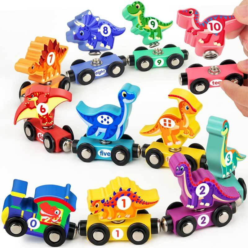 Assorted magnetic wooden train pieces: letters, numbers, and animals, comprehensive educational toddler toy