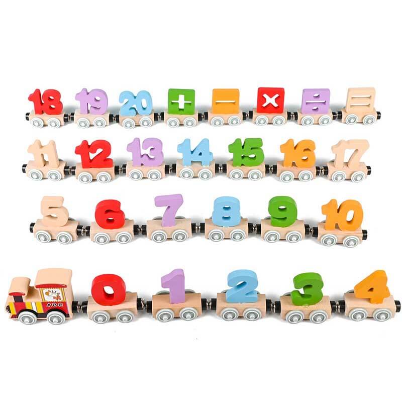 Overhead shot of a magnetic wooden educational train set, ideal for independent or group activity play