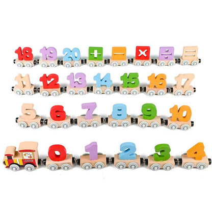 Overhead shot of a magnetic wooden educational train set, ideal for independent or group activity play