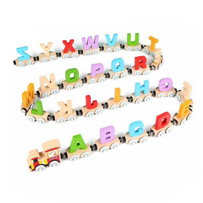 Brightly painted magnetic wooden train parts, a tactile and visual learning toy for young children