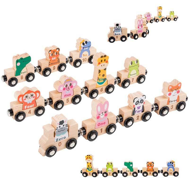 Magnetic wooden train set arranged in a line, demonstrating its educational potential as an activity toy