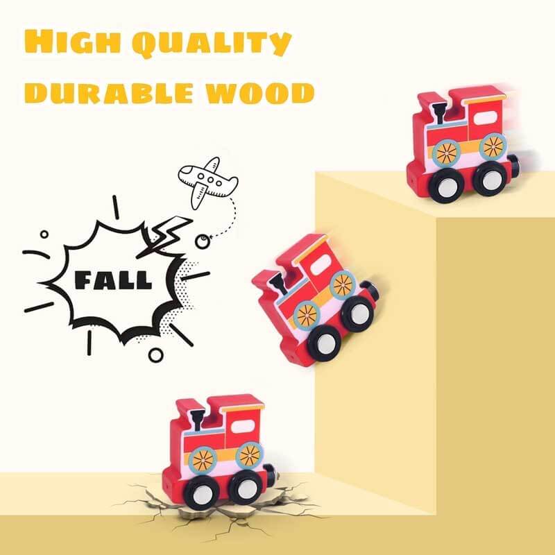 Close-up of a magnetic wooden animal train car, detailing child-safe design, activity toy for kids