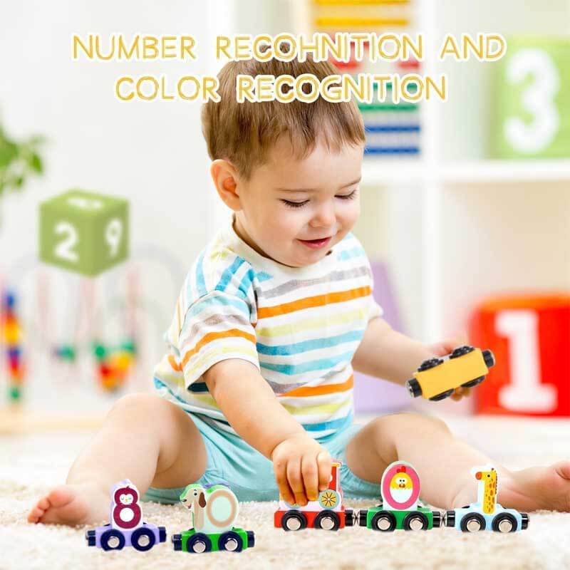 Full view of a magnetic wooden train set, showcasing various animal and letter cars, learning toy for children