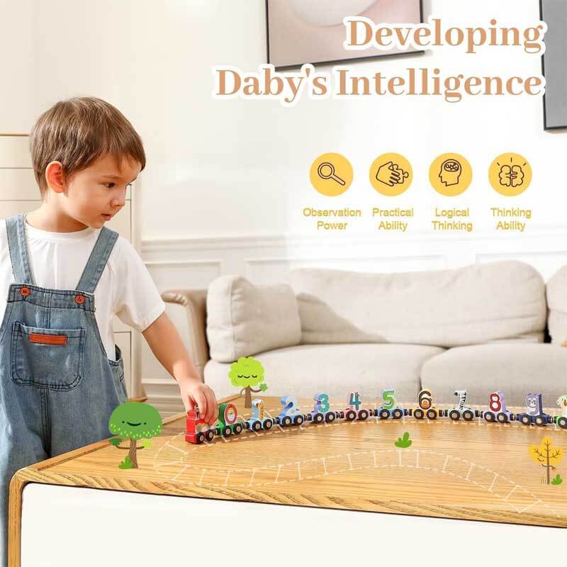 Magnetic wooden alphabet train cars connecting, interactive educational toy for kids' learning journey