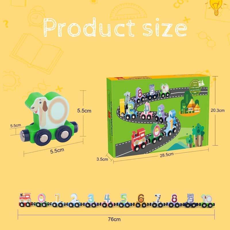 Child's hand connecting two magnetic wooden train cars, highlighting the educational and interactive play