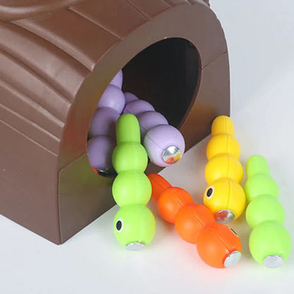 Close-up of Magnetic Woodpecker Game, colorful magnetic 'worms' and woodpecker toy