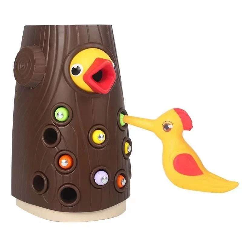 Magnetic Woodpecker Game - wooden tree stump & bird, educational toddler toy