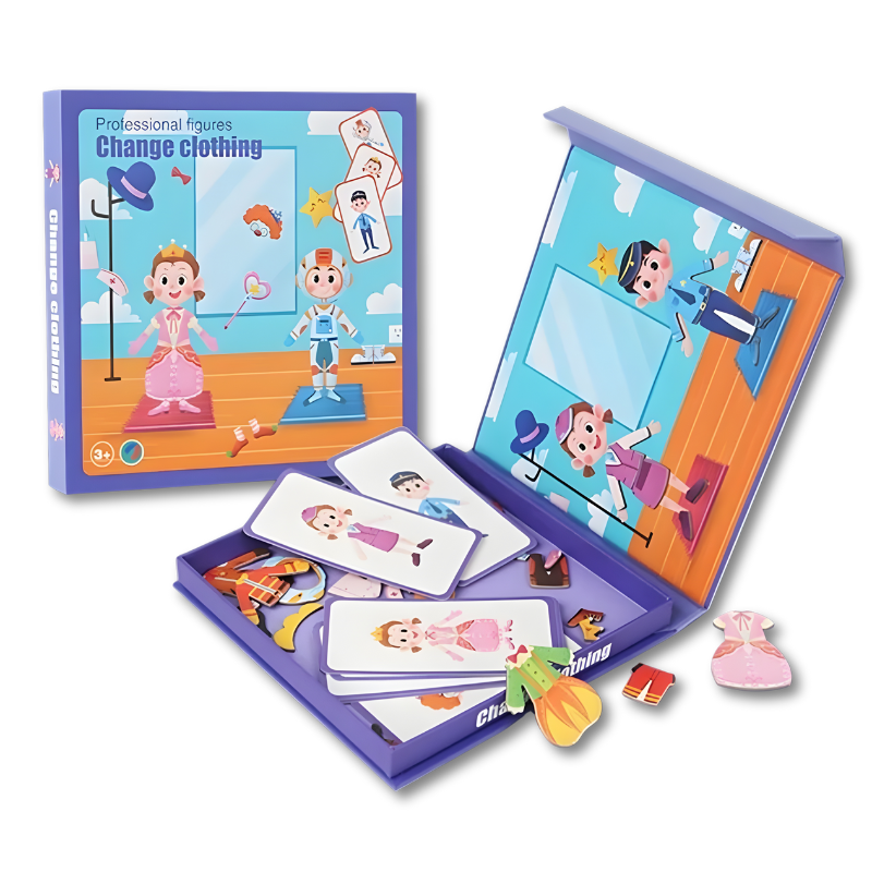 Kids playing with MagniFace magnetic puzzle, developing STEM skills and creativity, age 3-5 years