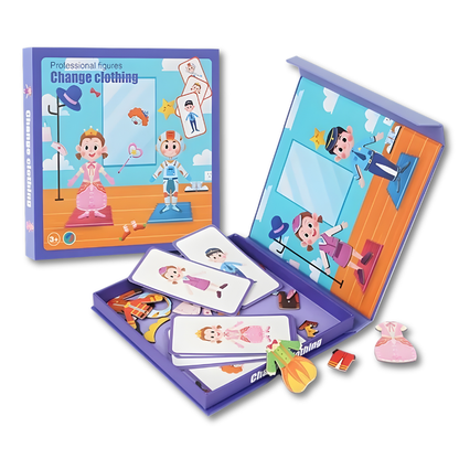 Kids playing with MagniFace magnetic puzzle, developing STEM skills and creativity, age 3-5 years