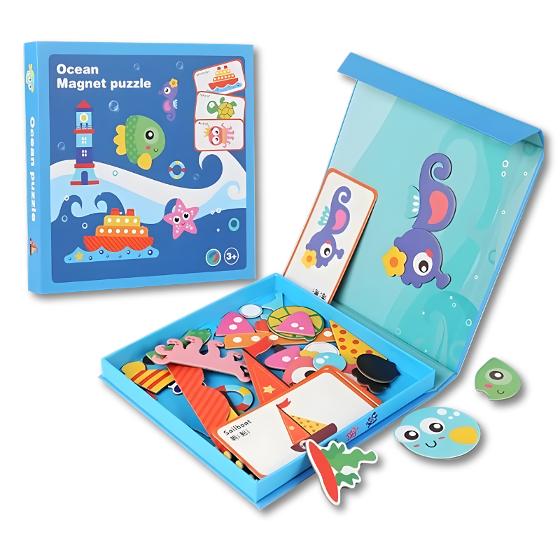 MagniFace Eco-Friendly Magnetic Puzzle Set, complete with various shapes and colors for imaginative play