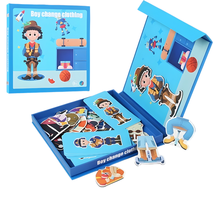 Child arranging vibrant MagniFace magnetic puzzle elements, fostering problem-solving skills and hand-eye coordination