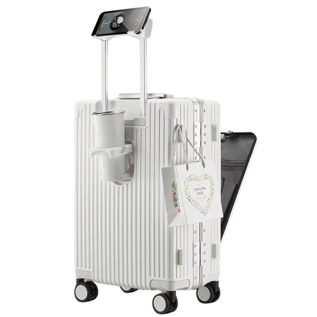 Manhattan Pro hard-shell carry-on suitcase with laptop compartment & spinner wheels for smart travel.