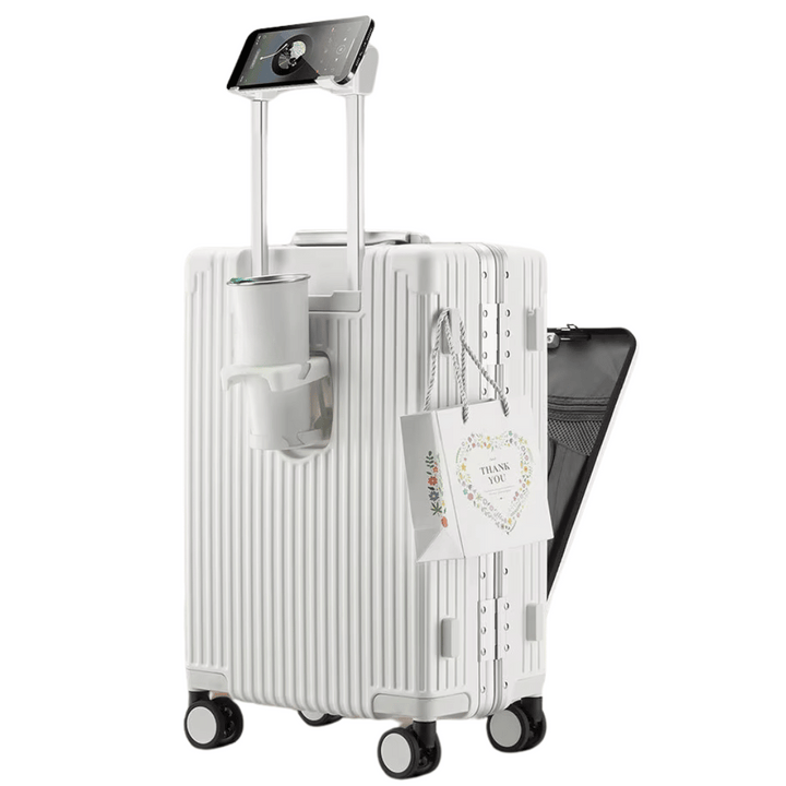 Manhattan Pro hard-shell carry-on suitcase with laptop compartment & spinner wheels for smart travel.