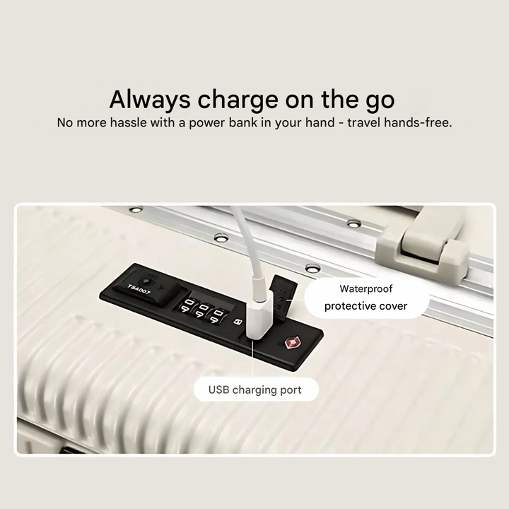 Modern unisex carry-on suitcase, hard-shell design, with built-in laptop compartment & USB port.
