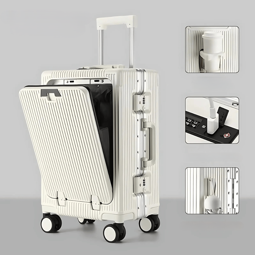 Versatile hard-shell hand luggage for frequent travelers, featuring laptop compartment & charging.