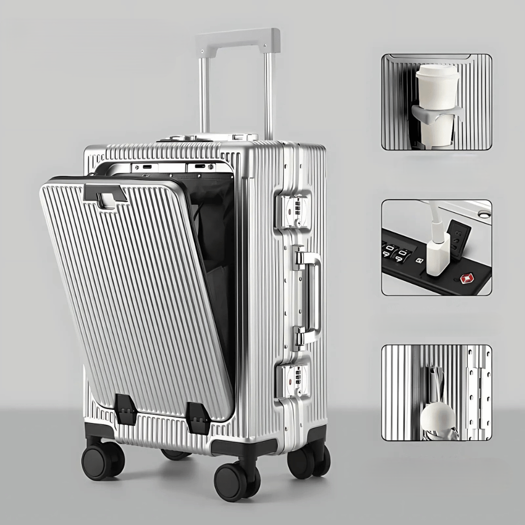 Elegant hard-shell carry-on suitcase, Manhattan Pro, designed for tech-savvy travelers with laptop.