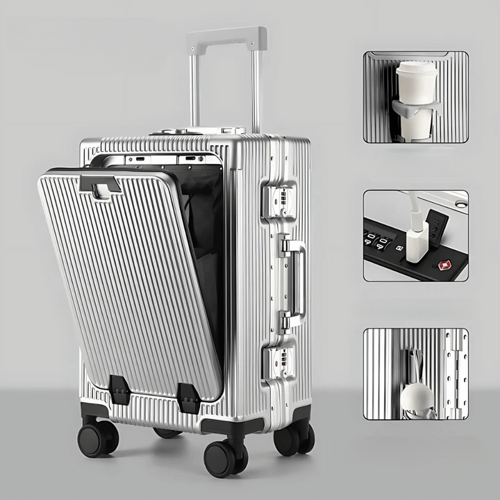 Elegant hard-shell carry-on suitcase, Manhattan Pro, designed for tech-savvy travelers with laptop.