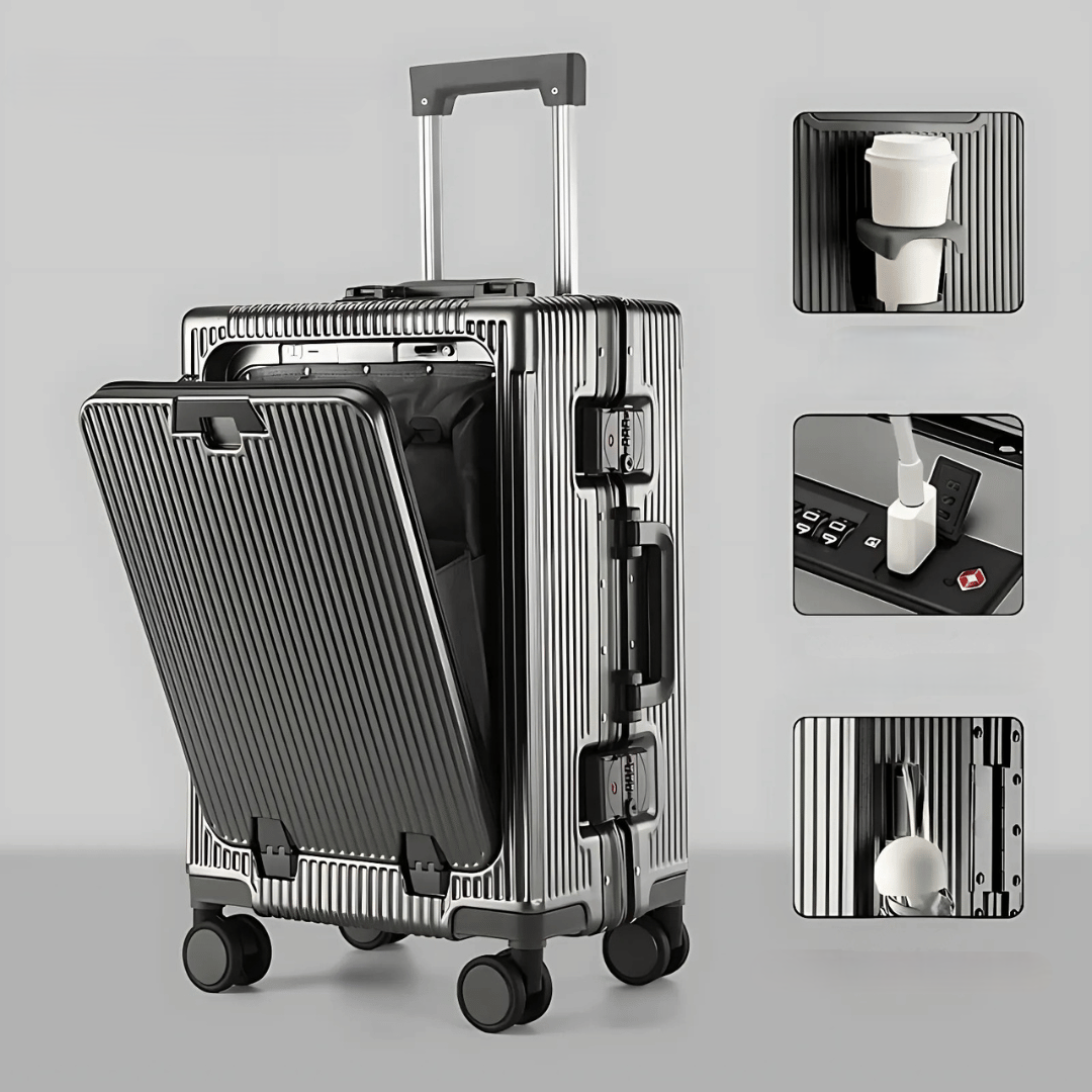 Efficient business travel carry-on: Hard-shell suitcase with laptop compartment & smooth mobility.