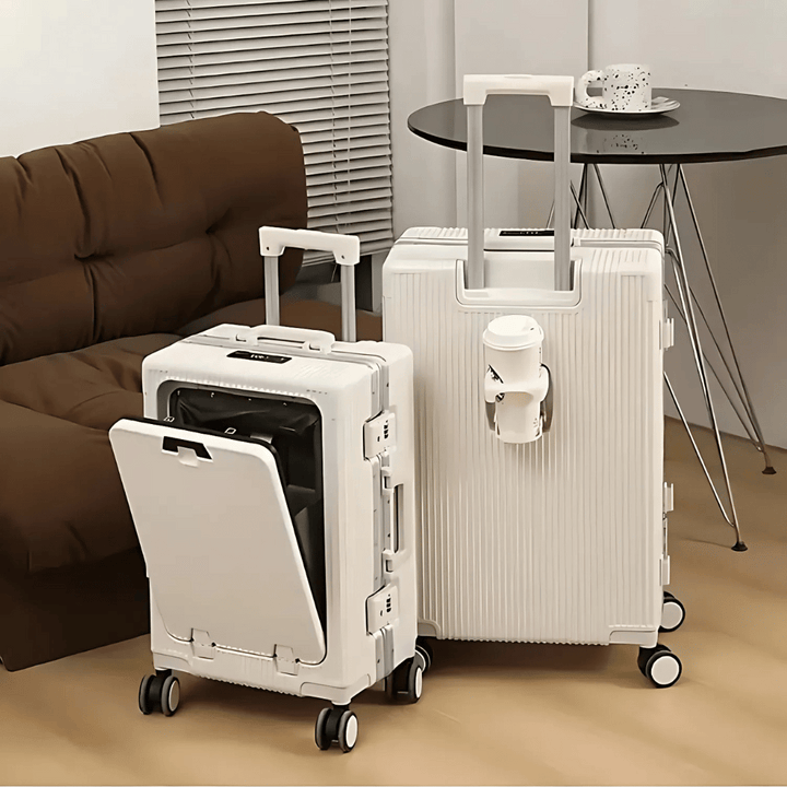 Durable Manhattan Pro carry-on suitcase featuring a front laptop pocket, TSA lock, & USB charging port.