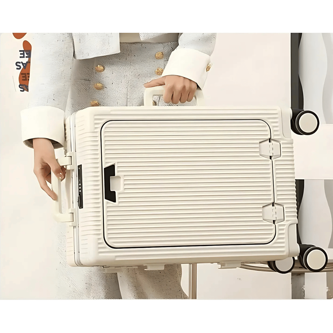 Sleek black hard-shell carry-on with quiet spinner wheels & easy-access laptop compartment.